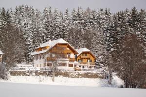 una casa cubierta de nieve frente a los árboles en Panoramahaus Steiner, en Mariapfarr