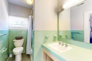 ein Badezimmer mit Toilette, Waschbecken und Spiegel in der Unterkunft The Front Porch on Ann Street in Beaufort + 17 Fotos