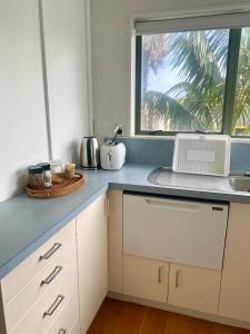 eine Küche mit einem Waschbecken und einem Fenster in der Unterkunft Sanddune Delight in Papamoa