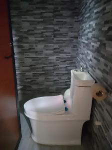 a white toilet in a bathroom with a brick wall at Hostal S.Pacha in Sucre