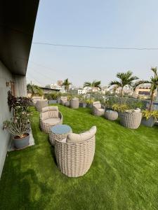 a row of chairs on a lawn with palm trees at Hotel Nalanda in Ahmedabad