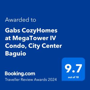 a screenshot of a cell phone with the text awarded to gates crosoli homes at Gabs CozyHomes at MegaTower IV Condo, City Center Baguio in Baguio