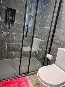 a bathroom with a toilet and a glass shower at The Cute Cabin in Santon