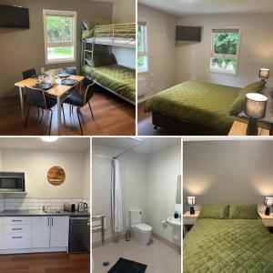 four pictures of a room with a bed and a table at Ashley Gorge Holiday Park in Oxford