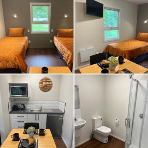 three pictures of a room with two beds and a bathroom at Ashley Gorge Holiday Park in Oxford