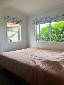 オークランドにあるPerfect living in Easternのベッドと2つの窓がある寝室