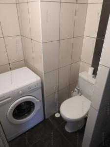 baño pequeño con lavadora y aseo en Résidence Héliovillage - Maisons & Villas pour 4 Personnes 804 - Naturiste, en Cap d'Agde