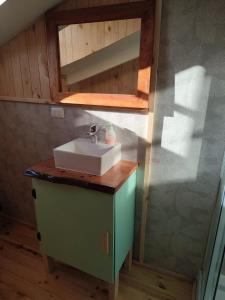 a bathroom with a sink and a mirror at Verdeagua Hostal in Chaitén