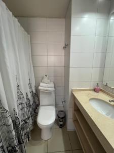 La salle de bains est pourvue de toilettes et d'un lavabo. dans l'établissement Amoblados Chilerent Mor, à Santiago