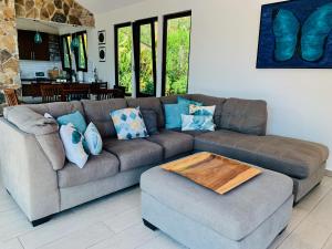 a living room with a brown couch with blue pillows at Enjoy Mountain Retreat Close to Panama Beaches in Chame
