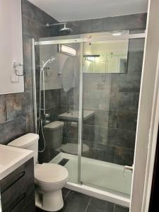 a bathroom with a shower and a toilet and a sink at Chalet Plus Canada s.e.n.c. in Saint-Gabriel-de-Brandon