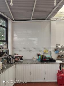 uma cozinha com paredes brancas e um balcão em Marguerite Villa em Da Lat