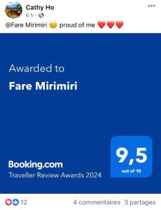 Πιστοποιητικό, βραβείο, πινακίδα ή έγγραφο που προβάλλεται στο Fare Mirimiri