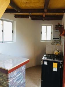 Domo Sol Del Valle في Horcon: مطبخ مع موقد اسود و نافذتين