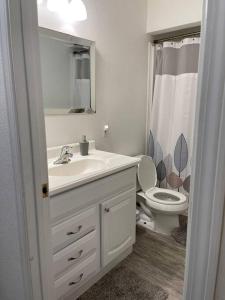 een witte badkamer met een wastafel en een toilet bij Sweet Campbell Home Anchorage Alaska in Anchorage