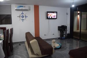 a dog sitting in a dog bed in a waiting room at Casa privada en Tonsupa con piscina in Tonsupa