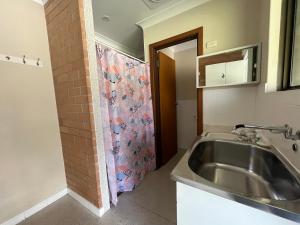 baño con lavabo y cortina de ducha en Emu Beach Chalets, en Albany