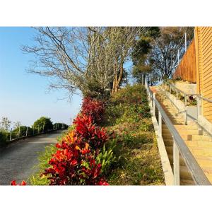 un jardín con flores rojas al lado de una carretera en 星森林包棟住宿-台中東勢-山區景觀 en Dongshi
