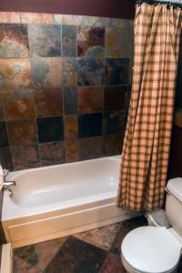a bathroom with a tub and a toilet and a shower curtain at Timber Creek Chalets- 2A chalet in Estes Park