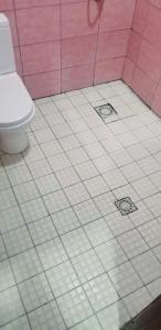 La salle de bains est pourvue de toilettes et d'un mur rose. dans l'établissement Appartement meublé, à Douala