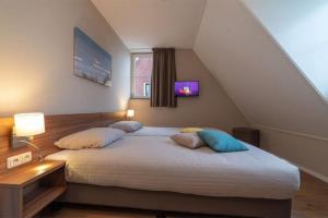 ColijnsplaatにあるDetached family friendly villa in the Oosterschelde National Parkのベッドルーム1室(大型ベッド1台、枕2つ付)