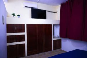 a room with brown cabinets and a flat screen tv at In the Romantic Zone one block from the beach! in Puerto Vallarta