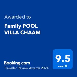 a blue screen with the text awarded to family pool villa channel at Family POOL VILLA CHAAM in Cha Am