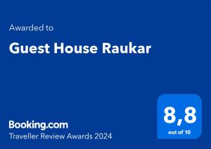 Guest House Raukar的证书、奖牌、标识或其他文件