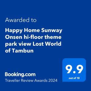 Sertifikatas, apdovanojimas, ženklas ar kitas apgyvendinimo įstaigoje Happy Home Sunway Onsen hi-floor theme park view Lost World of Tambun matomas dokumentas