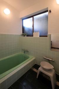 a bathroom with a green tub and a toilet at くつろぎのお宿「やわや」 in Himi