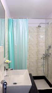 a bathroom with a sink and a shower with a shower curtain at Hotel Executive Tower in Kolkata