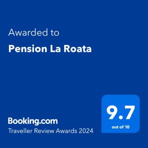 a blue phone screen with the text awarded to permission la rocca at Pension La Roata in Gura Humorului