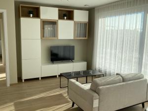 a living room with a couch and a television at Residentie Sluispark in Ghent +9 photos
