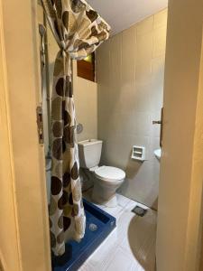 a bathroom with a toilet and a shower curtain at Chalet en urbanisazion de Solemar, piscinas, tennis, futbol, Balon cesto in Al Kaslīk