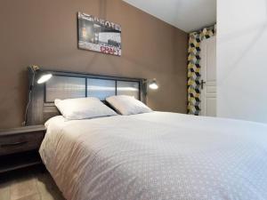 1 dormitorio con 1 cama grande y 2 almohadas en L'Atelier- appartement cosy avec cour - centre, en Bourgoin
