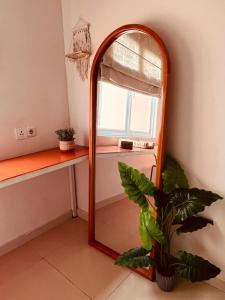 um espelho num quarto com uma planta e uma janela em Kuta View Apartment with 2 BR in Kuta Bali em Kuta