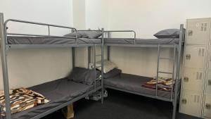 a room with three bunk beds in a dorm room at Golden Horse Hostel in Dubai