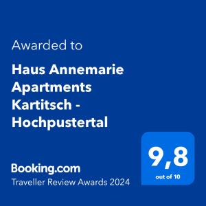 Сертификат, награда, вывеска или другой документ, выставленный в Haus Annemarie Apartments Kartitsch - Hochpustertal