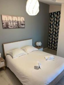 1 dormitorio con 1 cama blanca grande y 2 toallas en Le Paris Eiffel - Appartement Cosy en plein centre, en Bourgoin