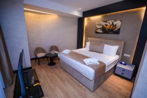 バクーにあるArium Hotel Bakuのベッドとテレビが備わるホテルルームです。