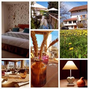 un collage di foto di una camera d'albergo con vaso di fiori di Les Alpages a Bonlieu
