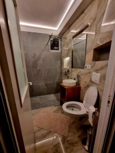 a bathroom with a toilet and a sink at Campia Turzii central apartment in Cîmpia Turzii