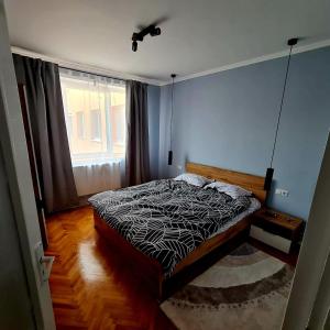 a bedroom with a bed and a window at Campia Turzii central apartment in Cîmpia Turzii