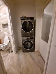 a washer and dryer in a bathroom with a toilet at Campia Turzii central apartment in Cîmpia Turzii