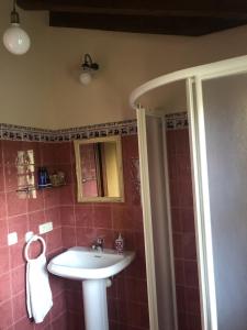 La salle de bains est pourvue d'un lavabo blanc et d'une douche. dans l'établissement Casa Rural Trebol4Hojas, à San Pedro