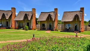 a row of cottages in a park with flowers at African Hills Safari Lodge & Spa in Magaliesburg
