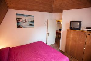 a bedroom with a pink bed and a tv at Fantastic three-room penthouse - Beahost Rentals in Rosolina Mare
