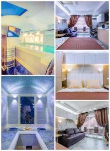 a collage of photos of a bedroom and a living room at Luxury Apartment with Pool and Hammam in Kyiv