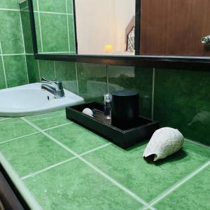 a green bathroom with a sink and a mirror at La Casa Bianca Samui in Nathon Bay