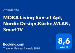 a blue sign with the words moxa living sunset app at MOKA Living-Sunset Apt, Nordic Design,Küche,WLAN, SmartTV in Magdeburg